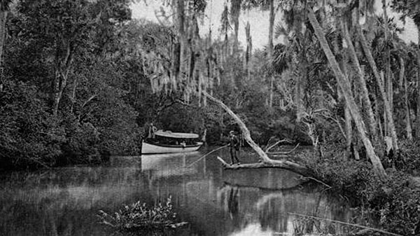 an old black and white of a river in alachua county