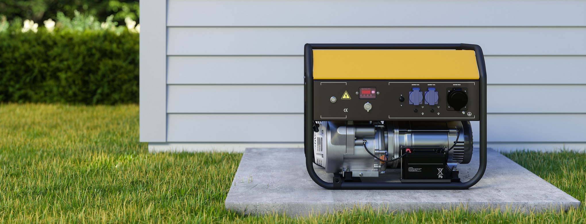 A home generator against the outside of a house