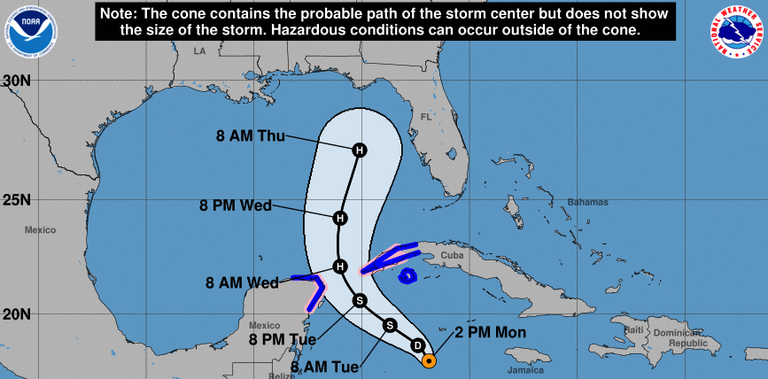A map showing the trejectory of a potential hurricane